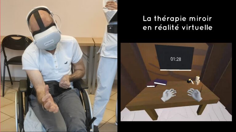 Patient qui utilise la technologie de H'ability pour essayer la thérapie miroir, pour sa rééducation du membre supérieur