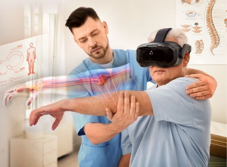 Kinésithérapeute et son patient avec casque VR