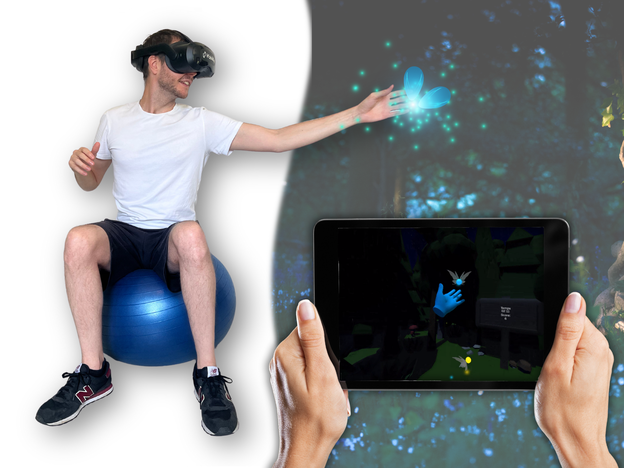 Patient en train de réaliser l'exercice VR "Forêt enchantée" sur un ballon