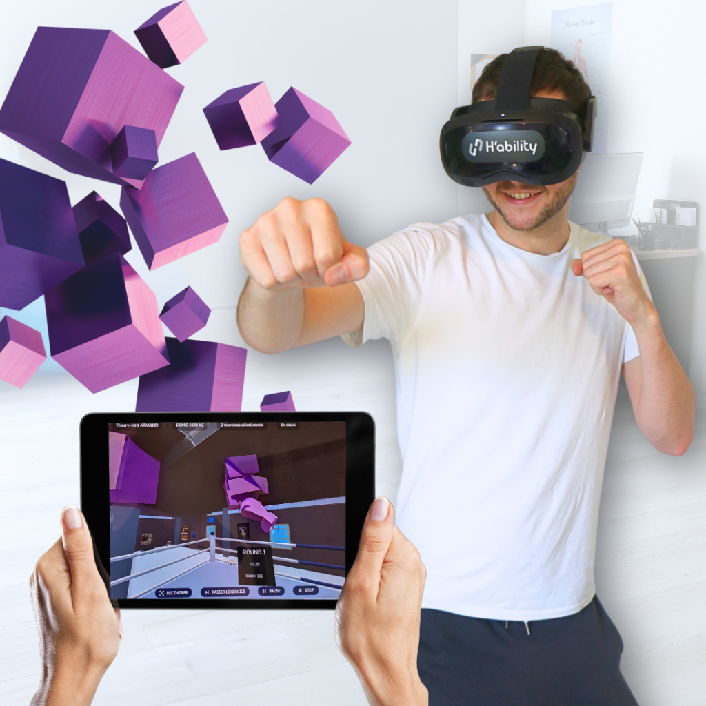 Visuel du dispositif H'ability avec patient en train de faire l'exercice de rééducation Boxe
