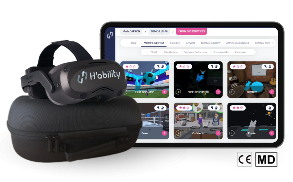 Visuel du matériel kiné H'ability : tablette, casque VR et étui de rangement