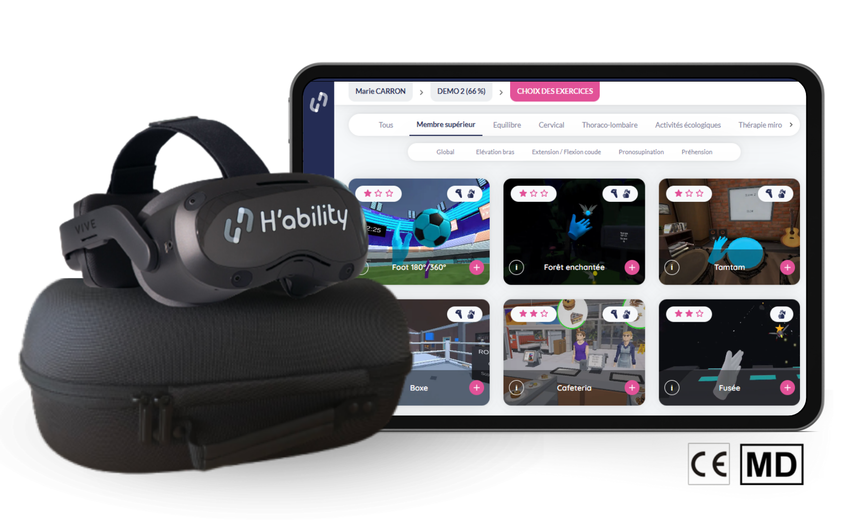Visuel du matériel kiné H'ability : tablette, casque VR et étui de rangement