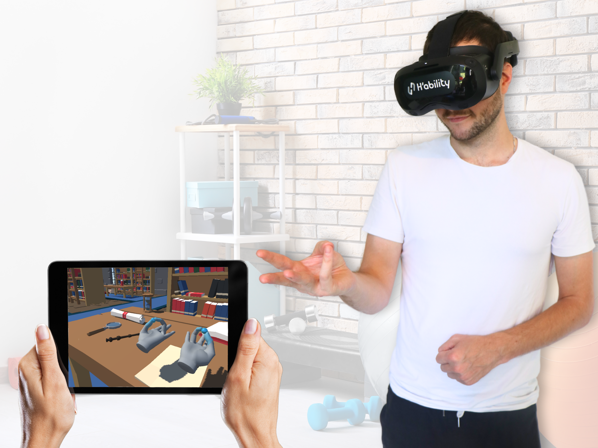 Patient performing a VR rehabilitation exercise with a fine-grip movement