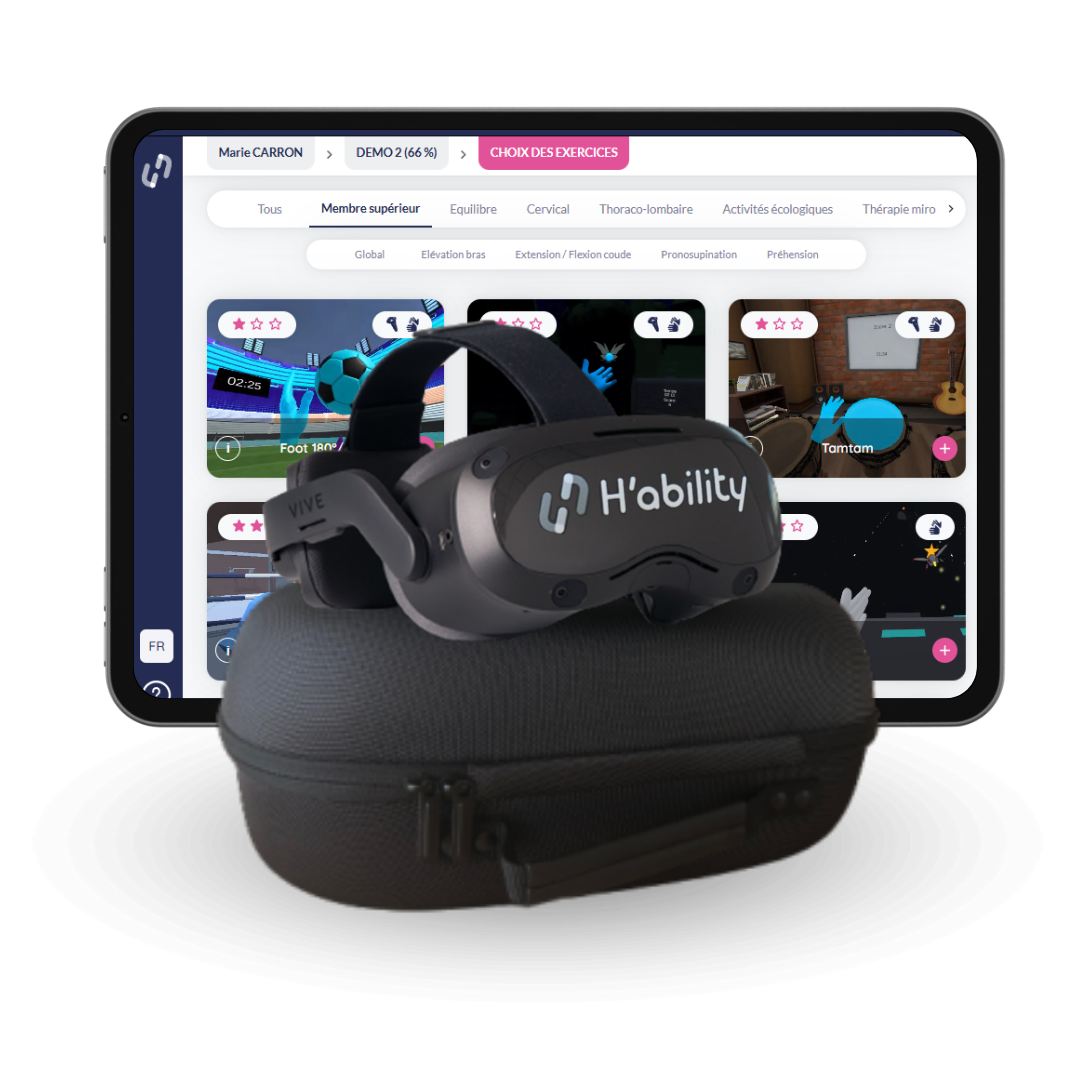 Visuel du matériel kiné H'ability : tablette, casque VR et étui de rangement
