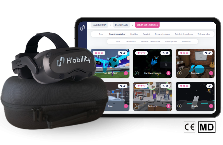 Mock-up (Finale) Visuel du matériel kiné H'ability : tablette, casque VR et étui de rangement